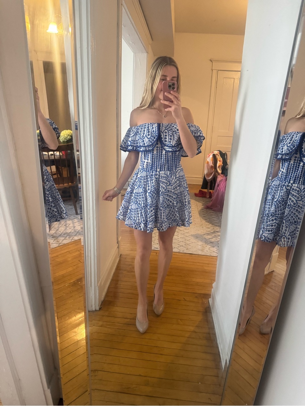 Commense Off-Shoulder White Dress with Blue Print - Picture 2 of 3